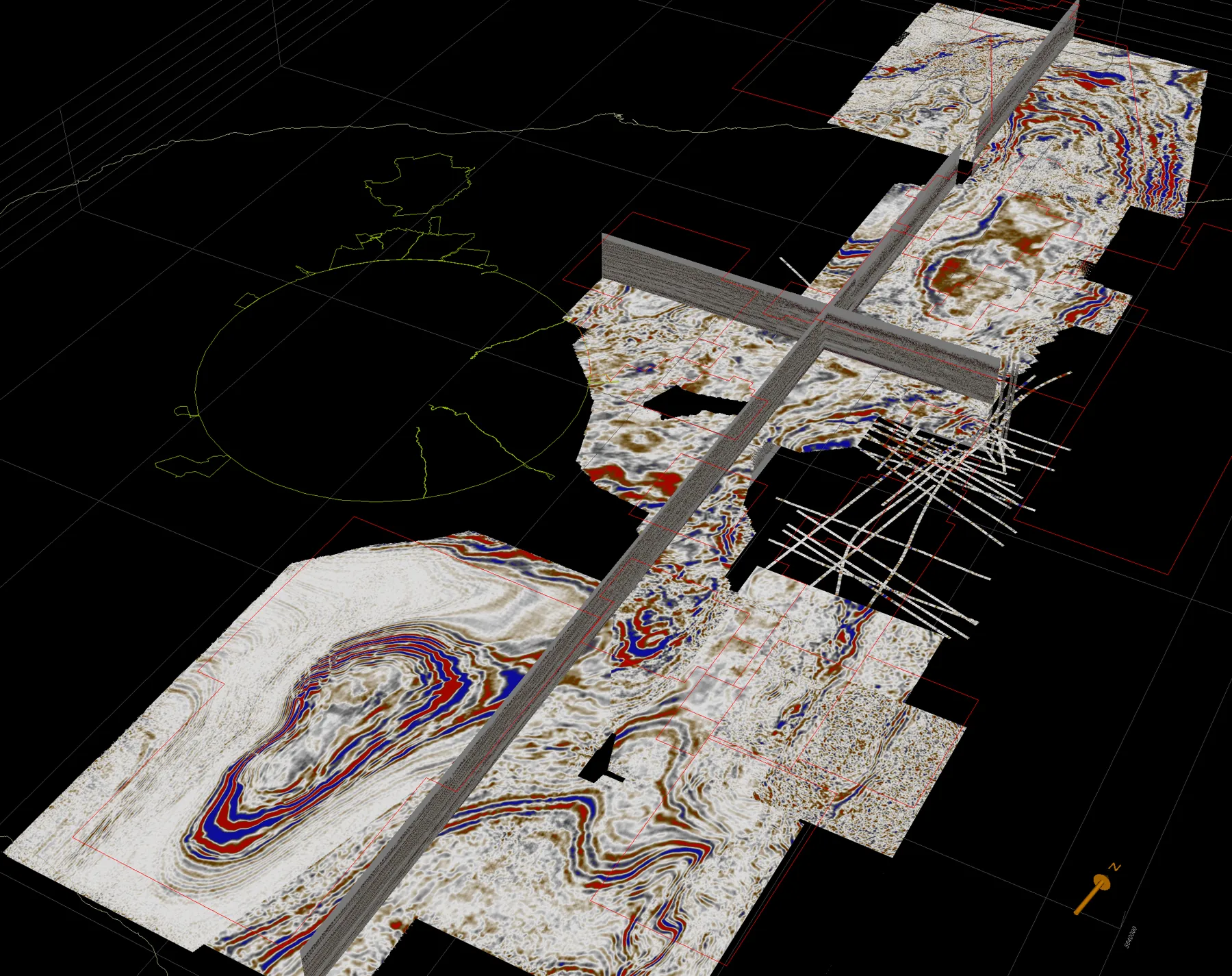 3D view of the Taranaki Panorama merged seismic volume with 2D lines and a vertical seismic section