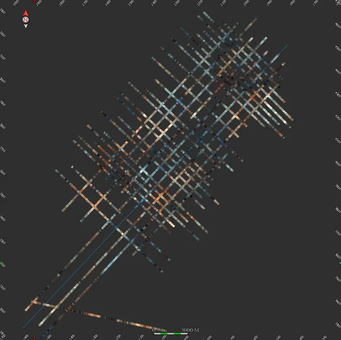 Timeslice through a spectral decomposition colour blend of the merged STOS95 2D grid