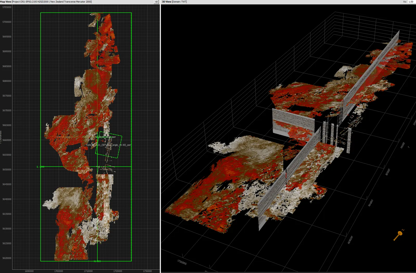 Taranaki Panorama 3D in Solarium™, showing the survey map and a 3D view of the merged volume