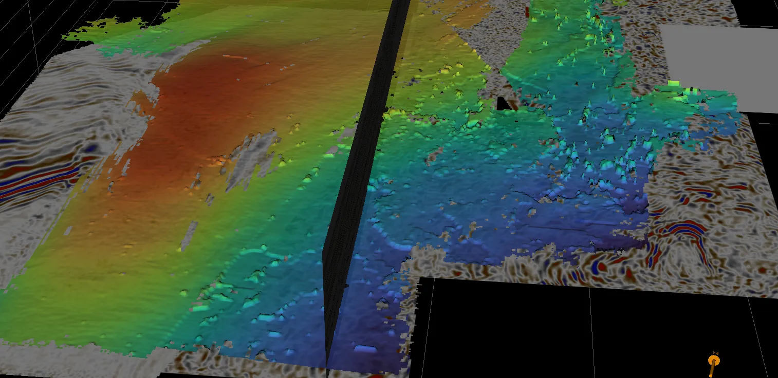 An interpreted horizon surface coloured by depth, draped over seismic in Solarium™'s 3D view